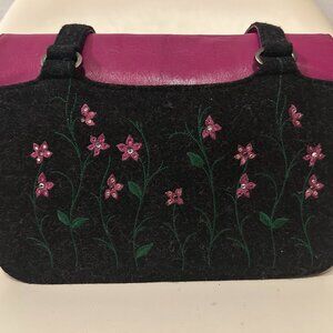 Bruno Magli Black Wool & Fuchsia Leather Handbag